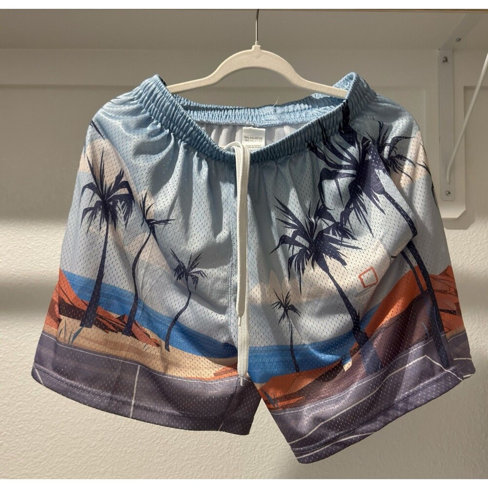 Mesh Shorts - Boys Tropical Palm Tree Beach Print Blue Orange